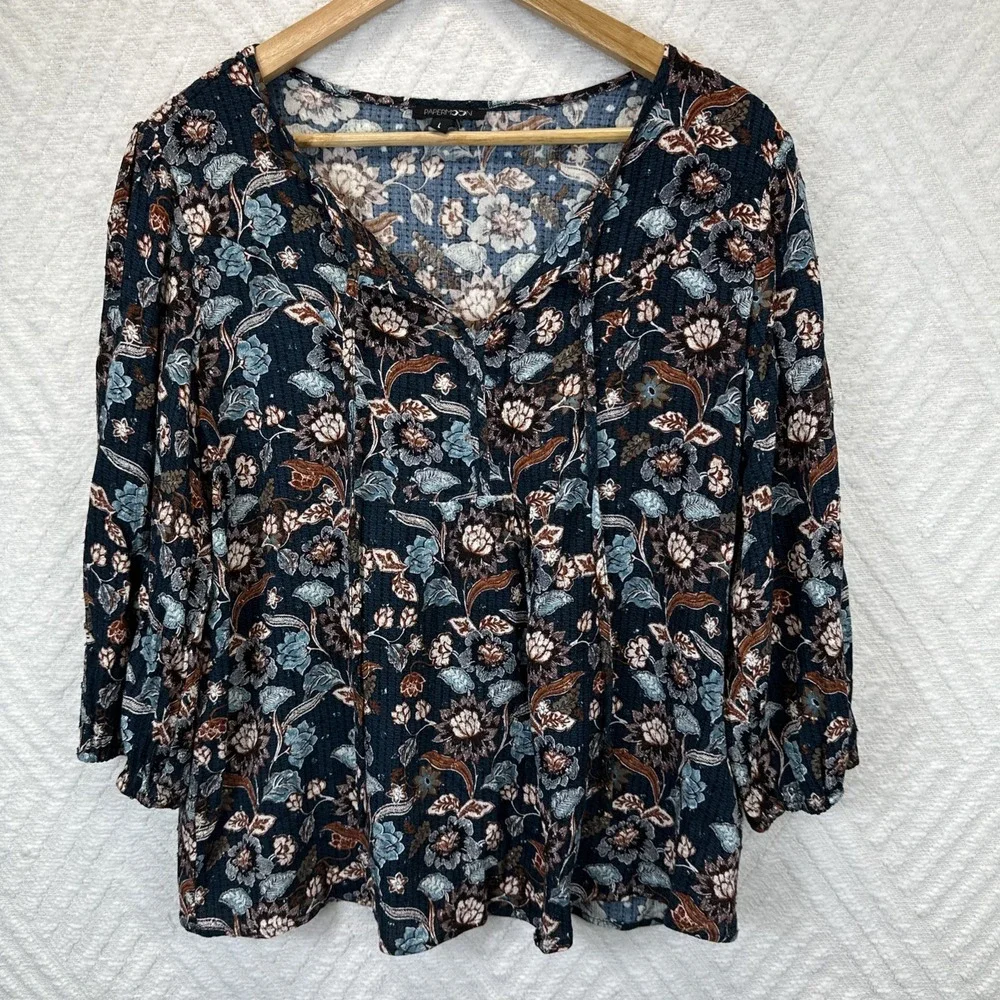 Papermoon Floral 3/4 Sleeve Peasant Top Hippie Boho Womens Size L - Picture 1 of 9